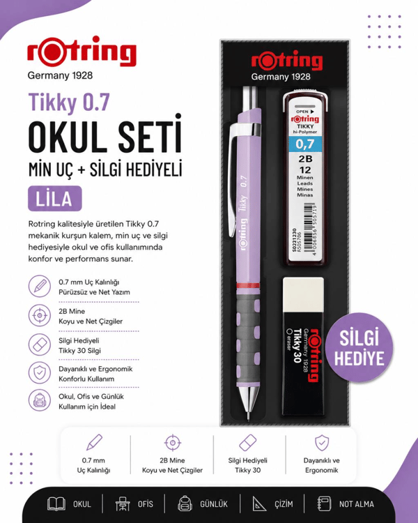 Rotring Okul Seti Tikky Min Silgi 3 LÜ 0.7 MM Lila RO-KK07-07-Lila