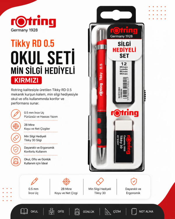 Rotring Okul Seti Tikky RD 0.5 + Min Silgi Hediyeli Kırmızı