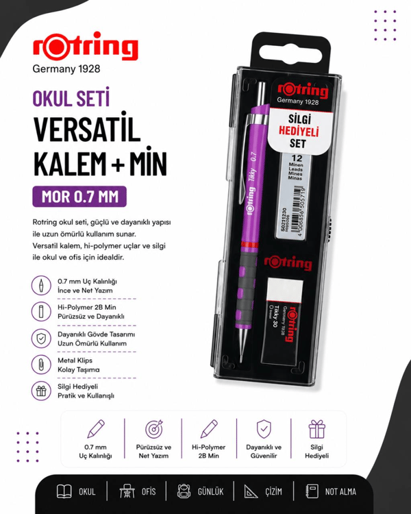 Rotring Okul Seti Versatil+Min Silgi Hediyeli 0.7 MM Mor RO-KK07-07MO