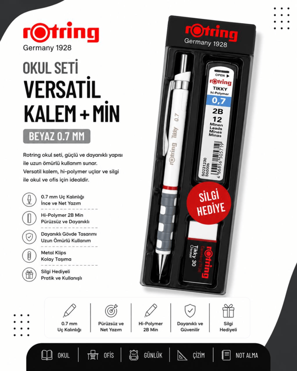 Rotring Okul Seti Versatil+Min Silgi Hediyeli 0.7 MM Beyaz RO-KK07-07B
