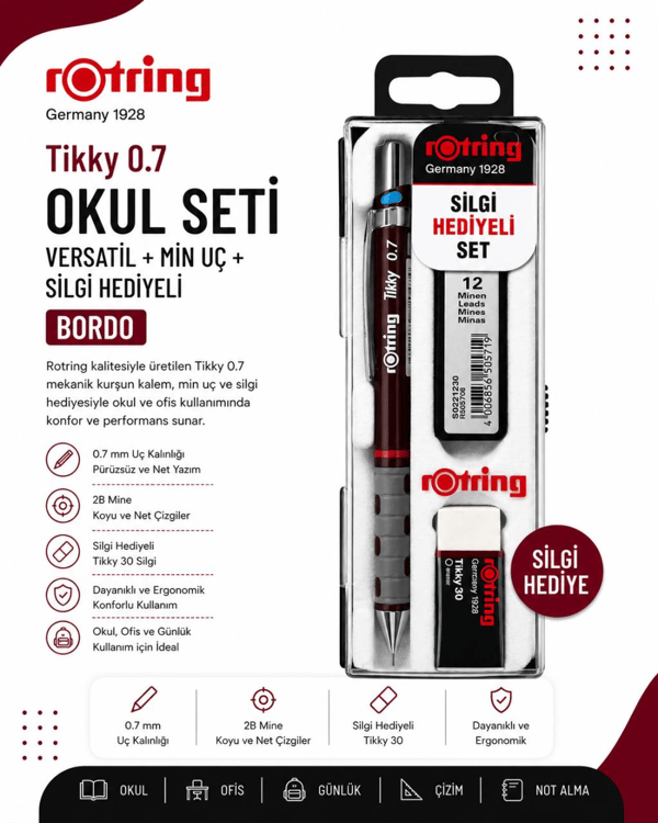 Rotring Okul Seti Versatil+Min Silgi Hediyeli 0.7 MM Bordo RO-KK07-07