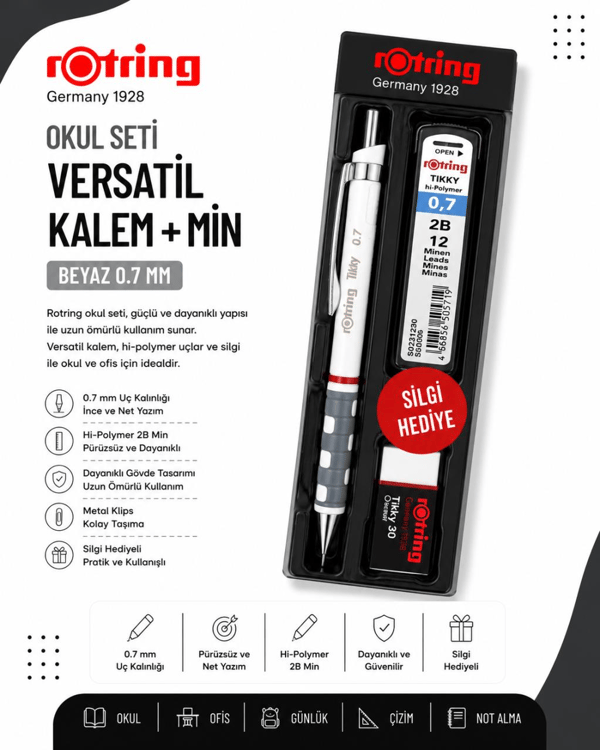Rotring Okul Seti Versatil+Min Silgi Hediyeli 0.7 MM Beyaz RO-KK07-07B