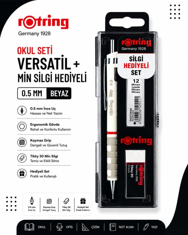 Rotring Okul Seti Versatil+Min Silgi Hediyeli 0.5 MM Beyaz RO-KK07-05B