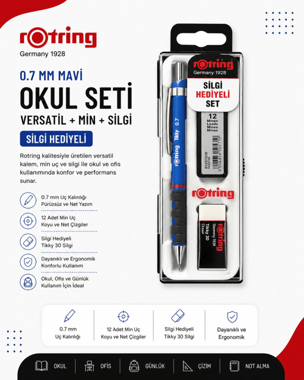 Rotring Okul Seti Versatil+Min Silgi Hediyeli 0.7 MM Mavi RO-KK07-07M