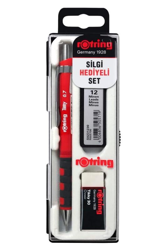 Rotring Tikky Okul Seti 0.7 mm Kırmızı Versatil Kalem + Silgi + Uç -Ro-kk07-07k