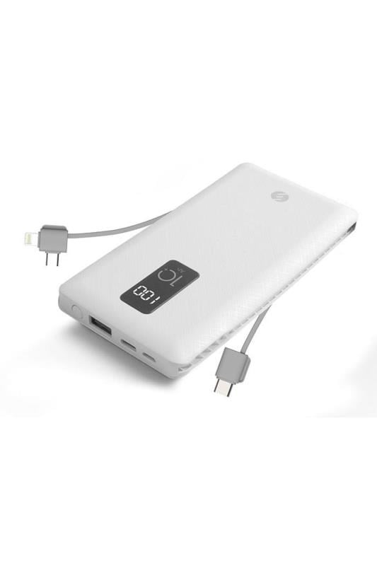 S-link IP-T100C 10000mAh Lightning+Micro+Type C Kablolu Powerbank Beyaz LCDli