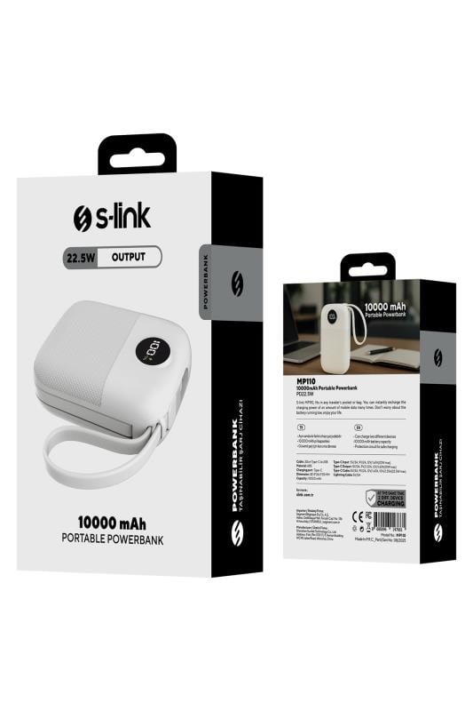 S-link MP110 10000mAh PD 22.5W Beyaz Powerbank – Type-C + Lightning Kablolu LCD Göstergeli Taşınabilir Hızlı Şarj Cihazı