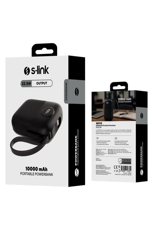 S-link MP110 10000mAh PD 22.5W Siyah Powerbank – Type-C + Lightning Kablolu LCD Göstergeli Taşınabilir Hızlı Şarj Cihazı