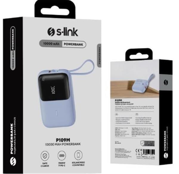 S-link P109M 10000mAh 5W Mavi LCD Ekranlı Taşınabilir Powerbank – Type-C Girişli iOS & Android Uyumlu Harici Batarya