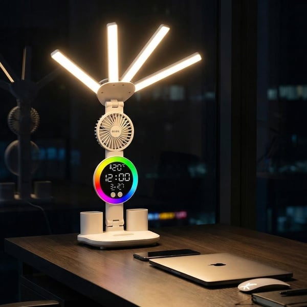S-link SL-M9070 Glow Beyaz Dokunmatik Led Lamba Saat, Fan,Derece Kalemlikli Masa Lambası
