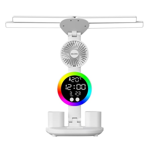 S-link SL-M9070 Glow Beyaz Dokunmatik Led Lamba Saat, Fan,Derece Kalemlikli Masa Lambası
