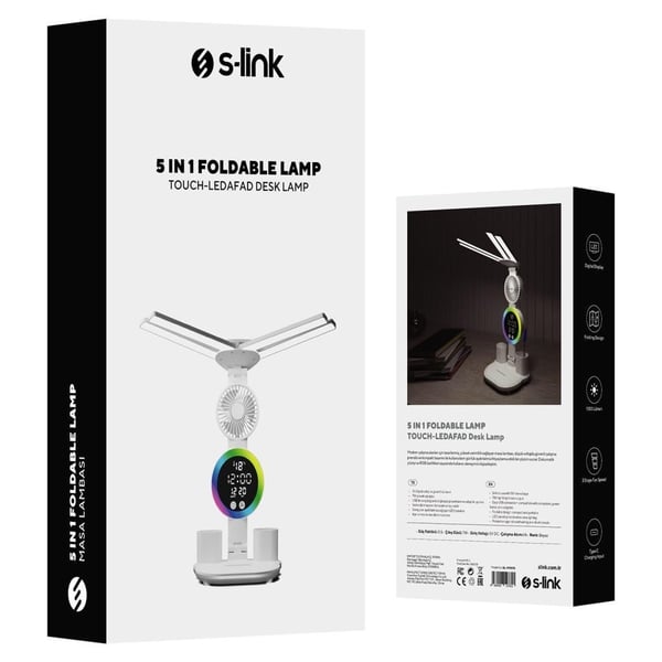 S-link SL-M9070 Glow Beyaz Dokunmatik Led Lamba Saat, Fan,Derece Kalemlikli Masa Lambası