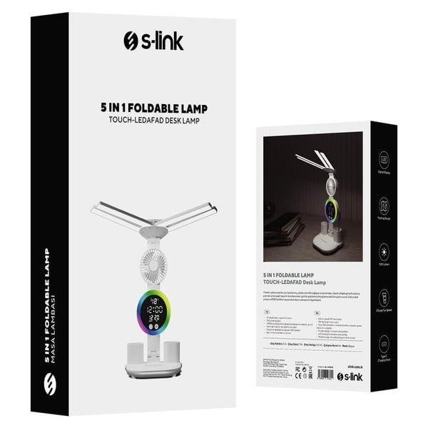 S-link SL-M9070 Glow Beyaz Dokunmatik Led Lamba Saat, Fan,Derece Kalemlikli Masa Lambası