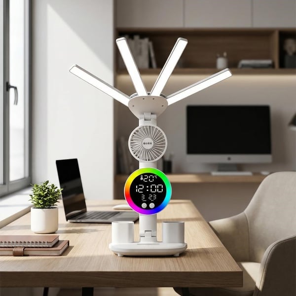 S-link SL-M9070 Glow Beyaz Dokunmatik Led Lamba Saat, Fan,Derece Kalemlikli Masa Lambası