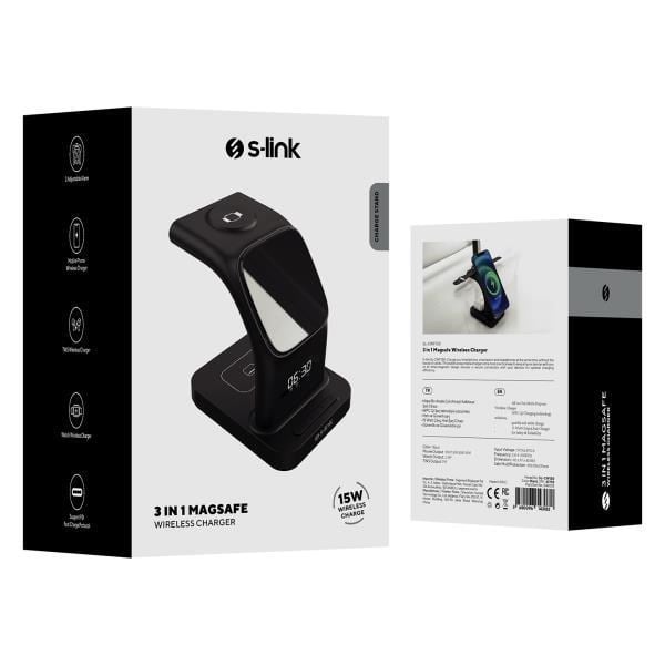 S-link SW-CWF130 Siyah Telefon Kulaklık Akıllı Saat 15W 3 in 1 Magsafe Led Logo Kablosuz Şarj Cihazı