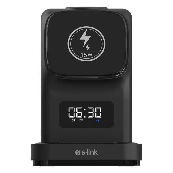 S-link SW-CWF130 Siyah Telefon Kulaklık Akıllı Saat 15W 3 in 1 Magsafe Led Logo Kablosuz Şarj Cihazı