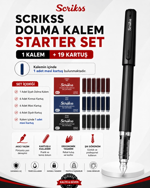Scrikss Dolma Kalem Starter Set – 1 Siyah Dolma Kalem + 19 Kartuş