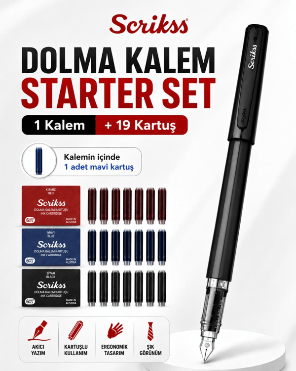 Scrikss Dolma Kalem Starter Set – 1 Siyah Dolma Kalem + 19 Kartuş