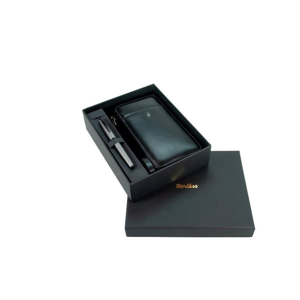Scrikss DR 2010-S1 Hakiki Deri El Çantası Siyah & Metropolis 78MG Mat Gri Roller Kalem Seti
