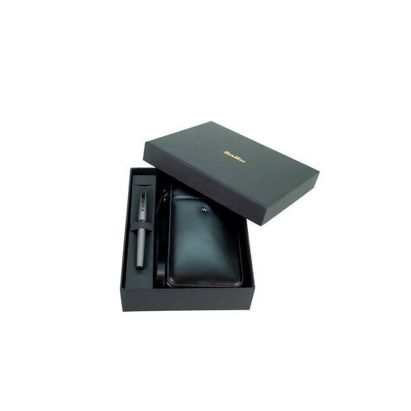 Scrikss DR 2010-S1 Hakiki Deri El Çantası Siyah & Metropolis 78MG Mat Gri Roller Kalem Seti