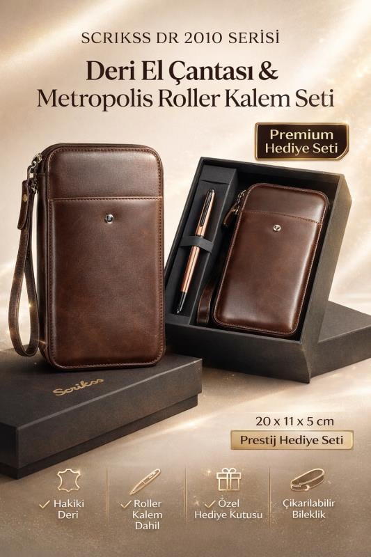 Scrikss DR 2010-S2 Hakiki Deri El Çantası Kahve & Metropolis 78MR Rose Roller Kalem Seti