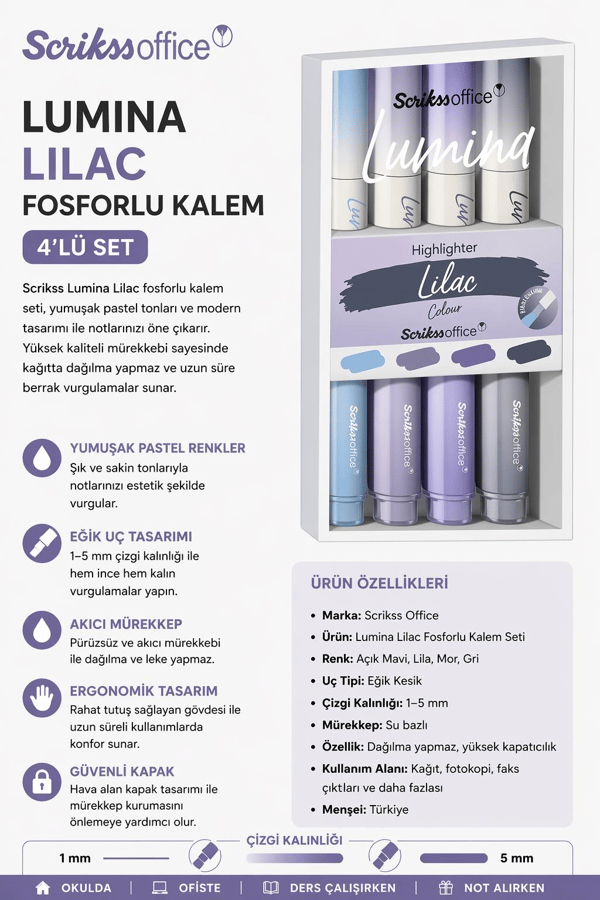 Scrikss Lumina Lilac Fosforlu Kalem 4'lü Set