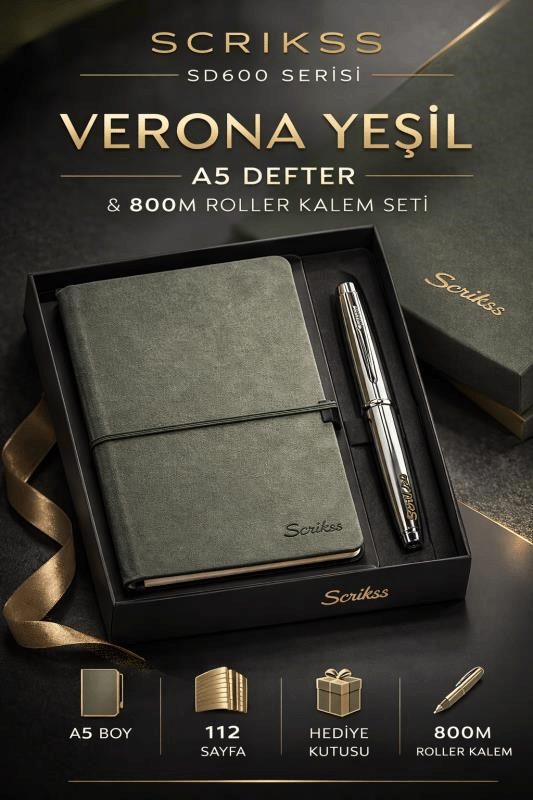 Scrikss SD600-11 Verona Yeşil A5 Defter & 800M Roller Kalem Krom Set