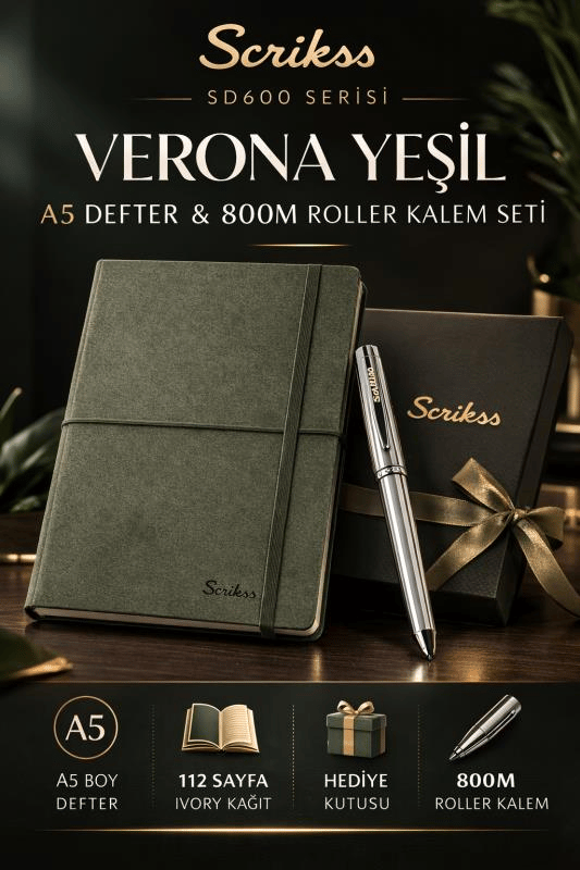 Scrikss SD600-11 Verona Yeşil A5 Defter & 800M Roller Kalem Krom Set