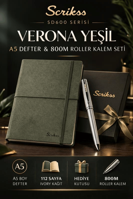 Scrikss SD600-11 Verona Yeşil A5 Defter & 800M Roller Kalem Krom Set