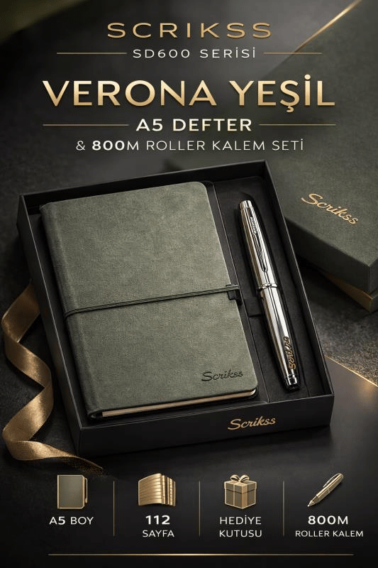 Scrikss SD600-11 Verona Yeşil A5 Defter & 800M Roller Kalem Krom Set