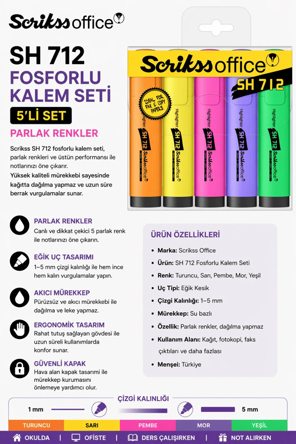 Scrikss Sh 712 5'Li Fosforlu Kalem Seti Parlak Renkler