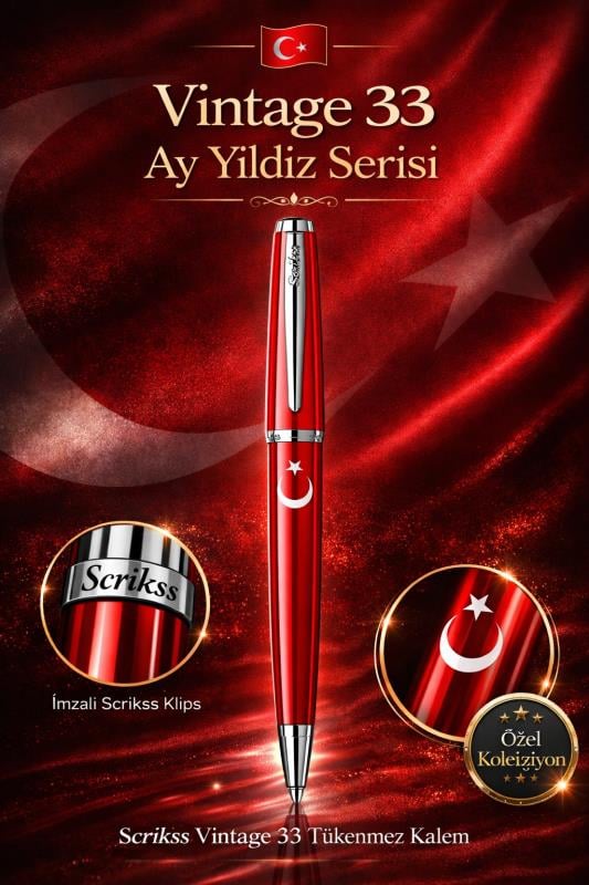 Scrikss Vintage 33 Tükenmez Kalem Kırmızı Ay Yıldız Baskılı
