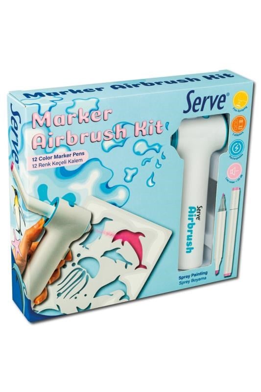 Serve Airbrush Kit 12’li Keçeli Kalem Seti – Şarjlı Sprey Boyama Makinesi, 3 Adaptörlü, Şablonlu Çocuk Boyama Seti