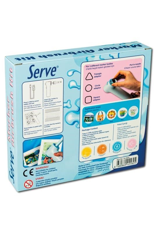 Serve Airbrush Kit 12’li Keçeli Kalem Seti – Şarjlı Sprey Boyama Makinesi, 3 Adaptörlü, Şablonlu Çocuk Boyama Seti