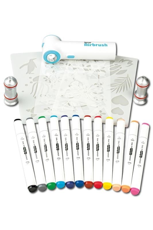 Serve Airbrush Kit 12’li Keçeli Kalem Seti – Şarjlı Sprey Boyama Makinesi, 3 Adaptörlü, Şablonlu Çocuk Boyama Seti