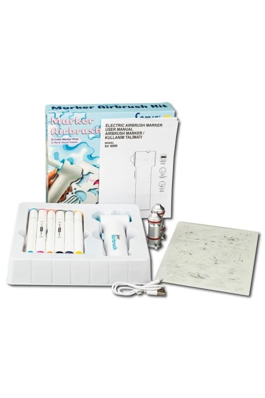 Serve Airbrush Kit 12’li Keçeli Kalem Seti – Şarjlı Sprey Boyama Makinesi, 3 Adaptörlü, Şablonlu Çocuk Boyama Seti