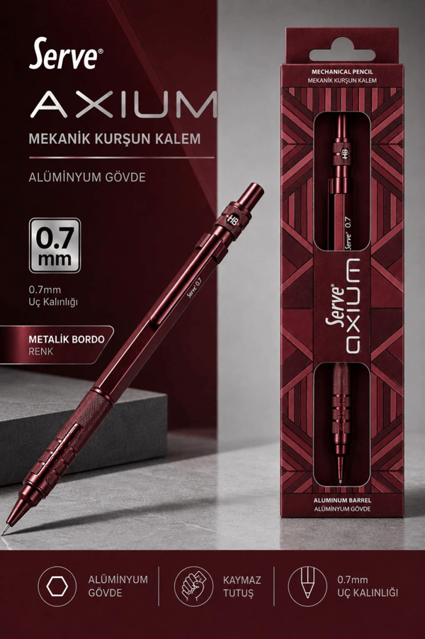 Serve Axium Mekanik Kurşun Kalem 0.7 mm Alüminyum Gövde - Metalik Bordo