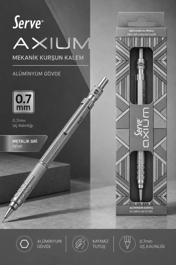 Serve Axium Mekanik Kurşun Kalem 0.7 mm Alüminyum Gövde - Metalik Gri