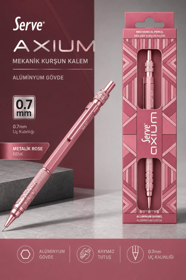 Serve Axium Mekanik Kurşun Kalem 0.7 mm Alüminyum Gövde - Metalik Rose