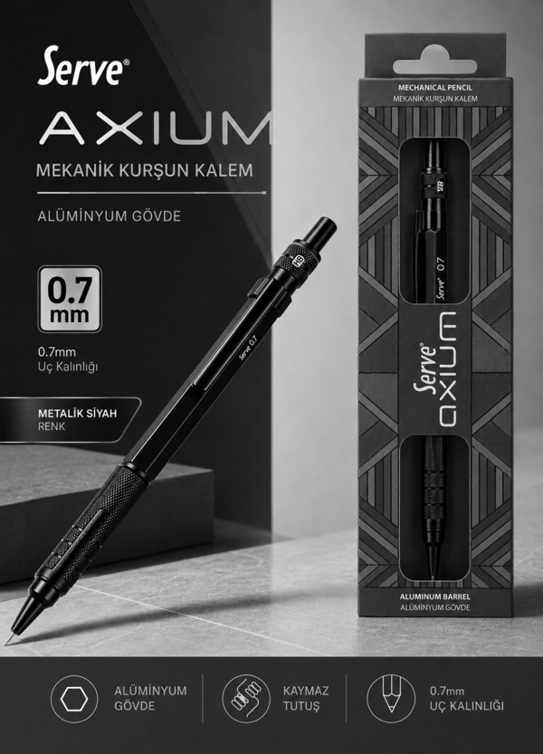 Serve Axium Mekanik Kurşun Kalem 0.7 mm Alüminyum Gövde - Metalik Siyah