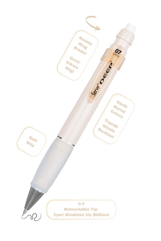 Serve Deep 0.7 mm Kalem Grip & Silgi Yedekli Set – Fildişi Renkli Versatil Kalem Seti