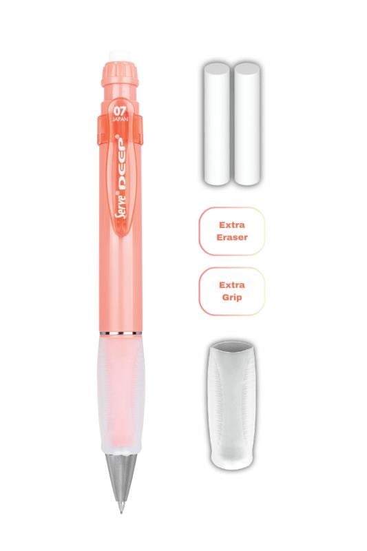 Serve Deep 0.7 mm Kalem Grip & Silgi Yedekli Set – Mercan Renkli Versatil Kalem Seti