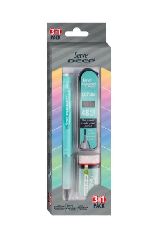 Serve Deep 0.7 mm Versatil Kalem Seti – Su Yeşili (Kalem + 48’li 2B Min + Silgi)