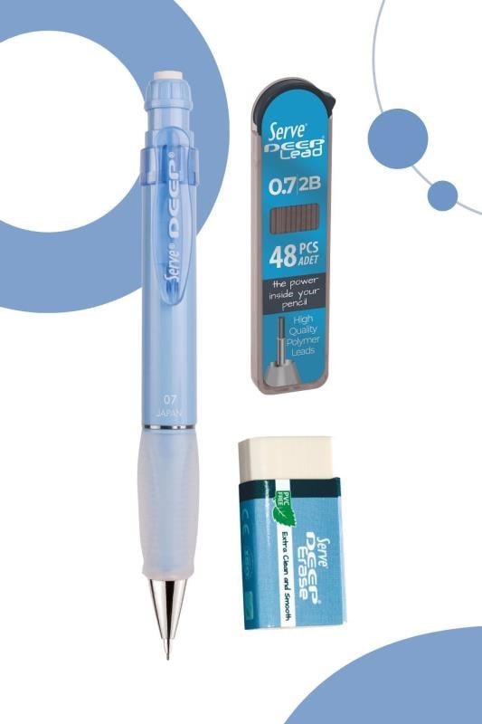 Serve Deep 0.7 mm Versatil Kalem Seti – Gök Mavi (Kalem + 48’li 2B Min + Silgi)