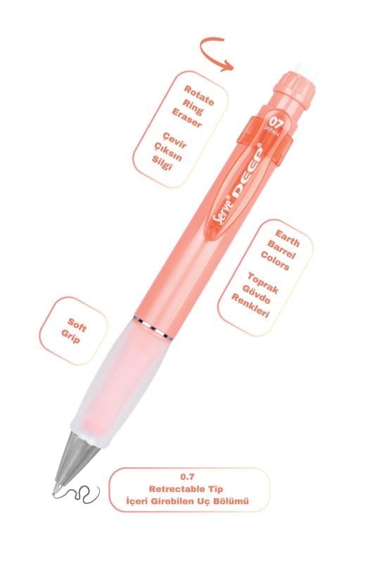 Serve Deep 0.7 mm Kalem Grip & Silgi Yedekli Set – Mercan Renkli Versatil Kalem Seti