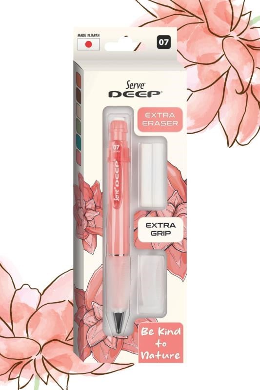 Serve Deep 0.7 mm Kalem Grip & Silgi Yedekli Set – Mercan Renkli Versatil Kalem Seti