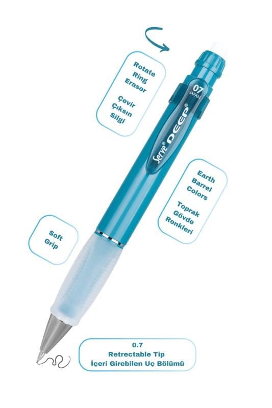 Serve Deep 0.7 mm Kalem Grip & Silgi Yedekli Set – Okyanus Mavisi Renkli Versatil Kalem Seti