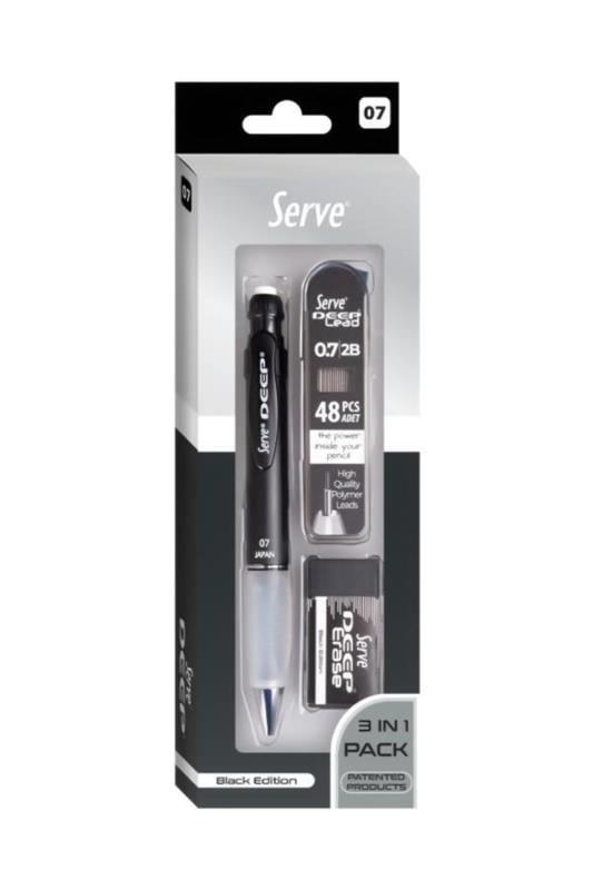 Serve Deep 3’lü Okul Seti – Metalik Siyah 0.7 mm Mekanik Versatil Kalem + 0.7 mm Min + Siyah Silgi