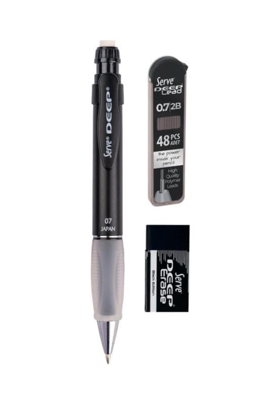 Serve Deep 3’lü Okul Seti – Metalik Siyah 0.7 mm Mekanik Versatil Kalem + 0.7 mm Min + Siyah Silgi