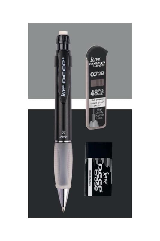 Serve Deep 3’lü Okul Seti – Metalik Siyah 0.7 mm Mekanik Versatil Kalem + 0.7 mm Min + Siyah Silgi
